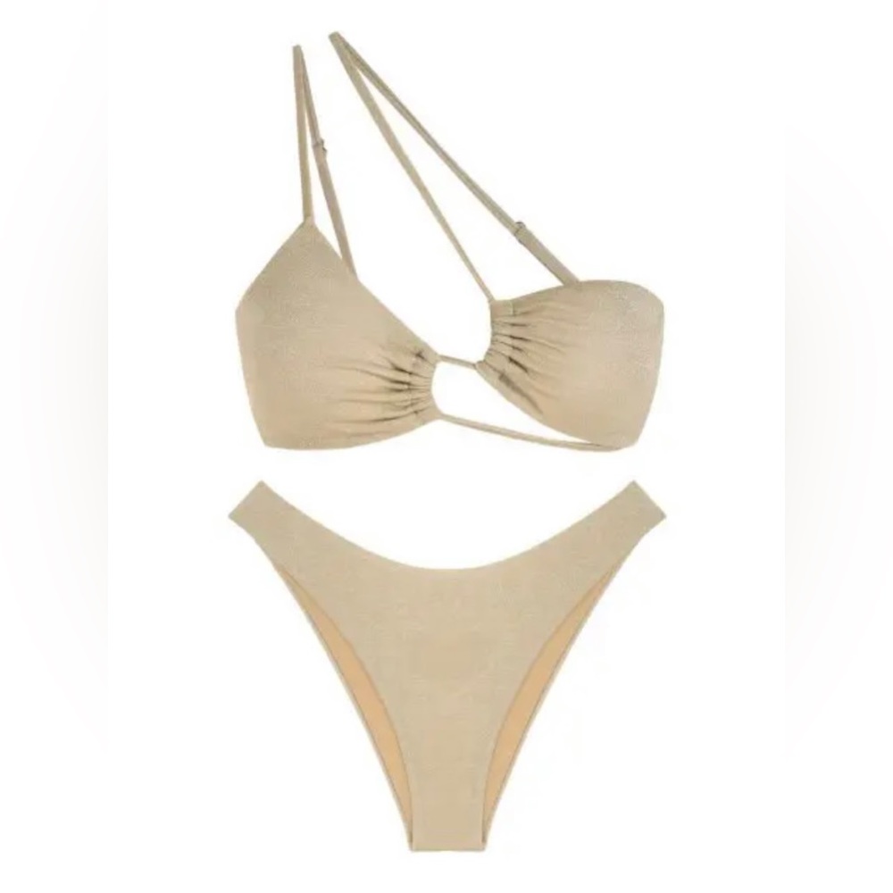 ✨HP✨ Strappy Shiny Glitter Asymmetric Ruched Cheeky Bikini Set - Light Coffee
